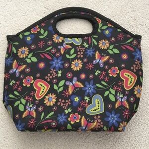 Black Floral Neoprene Tote Lunch Bag